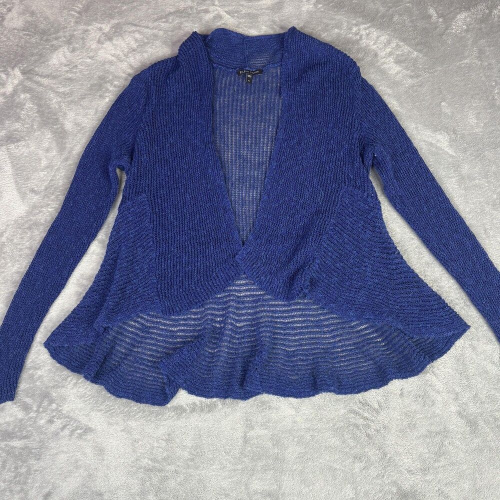 Eileen‎ Fisher Cardigan Sweater Womens Medium Blue Open Knit Sheer Lightweight